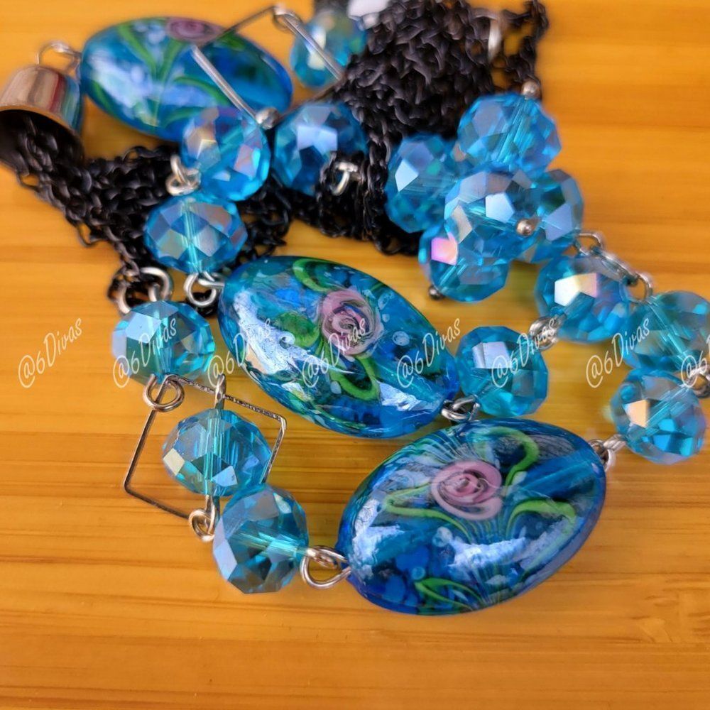 Long Blue Glass Bead Necklace